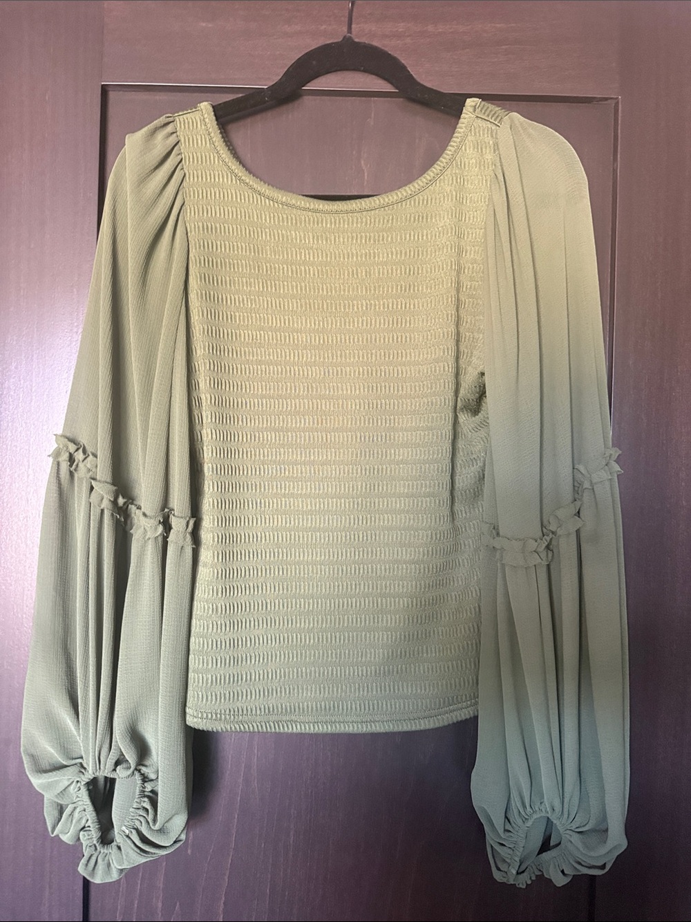 Anthropologie Smocked Balloon Sleeve Blouse NWT Dark Green Medium